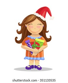 Vector illustration of a pretty little brown-haired girl with bright christmas gift boxes. Smiling child in orange dress with santa hat.