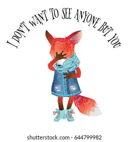 Vector illustration of pretty little fox isolated on white background. Fashionably dressed cartoon colorful cute fox with playful emotions. Design for T shirt print, greeting card, children products