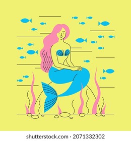 Vector illustration. Pretty mermaid with pink hair on a yellow background surrounded by fish and seaweed