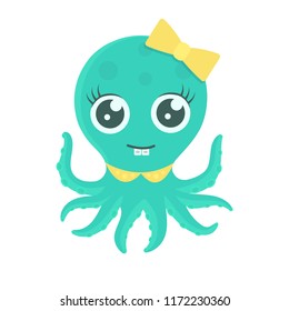 Vector illustration of pretty octopus girl kid with big eyes, braces, collar and yellow bow. Pretty flat cartoon style for prints and decoration. EPS 10