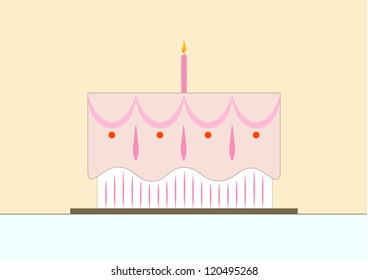 vector illustration of pretty, pastel colored birthday cake with one lit candle and pink frosting