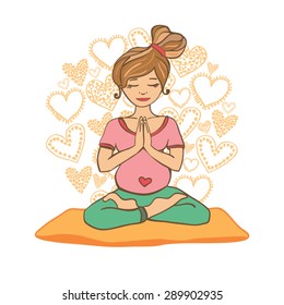 Vector illustration of a pretty pregnant woman doing yoga on a yoga mat. Cute young lady and circle background of doodle hearts. Lotus pose and namaste hands. Prenatal yoga.