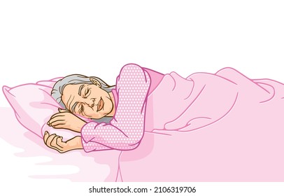 Vector illustration of pretty senior woman in pink pajamas sleeping happily on pillow in bed at home,relaxing,bedtime,good dreams,isolated on white background,Concept of human rest refreshes life.