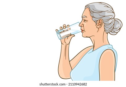 Vector illustration of pretty senior woman drinking a fresh glass of pure water for good health and balance of body,isolated on white background,copy space,Time to drink water for health benefits.