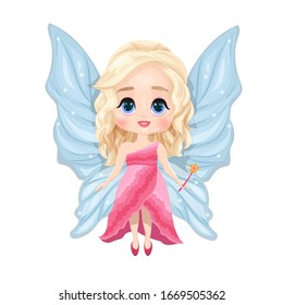 Vector illustration of pretty smiling fairy character. Magical cute pixie in beautiful pink dress with blue wings and blonde hair.