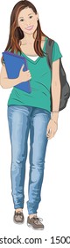 A vector illustration of a pretty teenage girl wearing jeans, holding schoolbooks, with a backpack. 