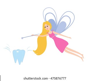 Vector illustration of a  pretty tooth fairy with a magic wand. Cartoon tooth Fairy isolated on white background.