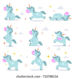 Vector illustration of pretty unicorns icons isolated on white background. Unicorn for kids birthday card or party invitation.