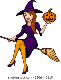 Vector illustration of a pretty witch sitting, legs-crossed, on a broom, smiling and holding a jack-o-lantern.