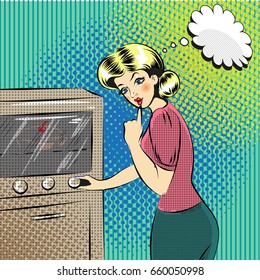 Vector illustration of pretty woman cooking in the kitchen. Beautiful housewife in retro pop art comic style.