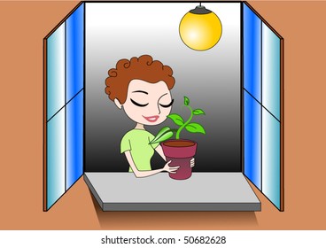 Vector illustration of pretty woman keeping a plant on the window sill background