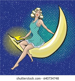 Vector illustration of pretty woman sitting on the crescent. Dreaming girl with book in retro pop art comic style.