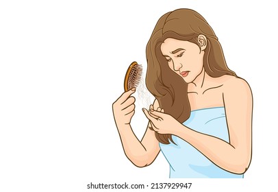 Vector illustration of pretty woman is upset wrapped in towel after taking shower,holding comb with hair loss problems,tangled hair,on white,Healthy hair with hairbrush,Hair care,beauty concept.