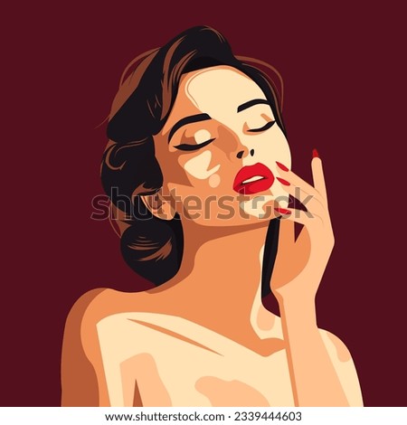 Vector illustration, pretty young sexy brunette woman with red plump lips and naked shoulders touches her face with her fingers. All elements are isolated from each other.

