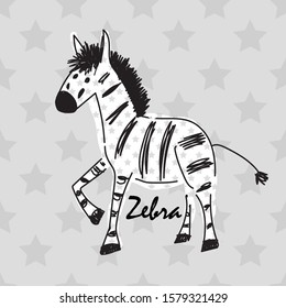 Vector illustration of pretty zebra with stars. Funny animal. Children's drawing style, scrawl.