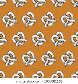 Vector illustration of a pretzel crisps seamless pattern on a beer yellow color background. Hand drawn vintage grunge style.