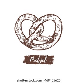 Vector illustration of pretzel. Hand drawn sign for menu, food store etc. Bavarian sign with hand sketched bagel. Vintage bakery logotype, hipster pastry label.