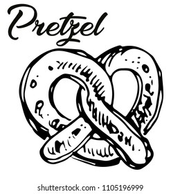 Vector illustration of pretzel salty pastry with lettering in black ink