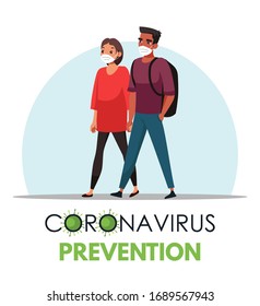 Vector Illustration prevention coronavirus scene. Man and woman wearing medical masks. Ways of stop spread pandemic virus, quarantine rules, life save action, health care, preventive protection method