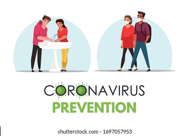 Vector Illustration prevention coronavirus scene. Man and woman wearing medical masks, washing soap hands. Stop spread pandemic virus, quarantine rules, health care, preventive protection method