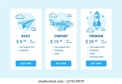 Vector illustration of pricing subscription plan table template with blue vector illustrations in line style. UI UX interface design elements. Price list 3 options plans for online services.