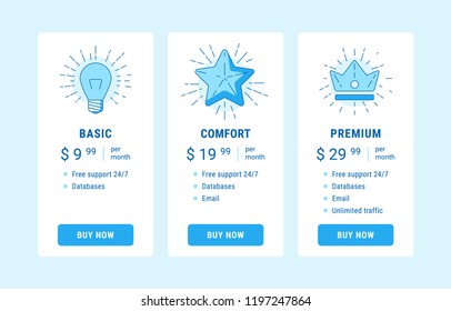 Vector illustration of pricing subscription plan table template with blue vector illustrations in line style. UI UX interface design elements. Price list 3 options plans for online services.