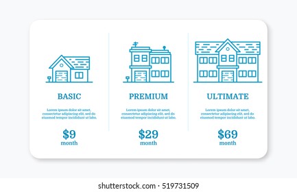 Vector illustration of pricing subscription plan table template for web box app and application in line style with houses. UI UX blue interface design elements Price list 3 options for online service.
