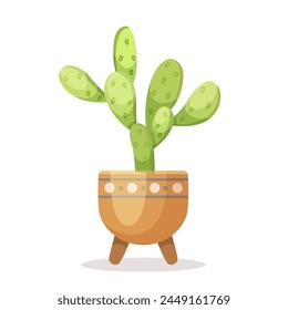 Vector illustration of a prickly pear cactus in a decorative pot, flat style, on a white background, concept of home plants. Vector illustration