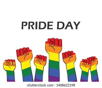 Vector illustration of pride day with striped rainbow hands show fist raised up on white background