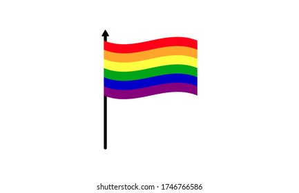 Vector illustration of pride flag with rainbow stripes on a black pole isolated against a white background. Image has clip art or cartoon and minimalist look. Great for pride week images and stickers.