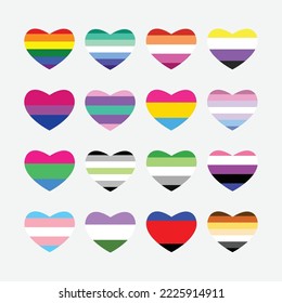 vector illustration of pride flags in heart shapes chart symbols LGBTQIA community colors