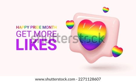 Vector illustration for Pride month. 3d icon of notifications for social media with rainbow hearts for design of LGBTQ events. Human rights and tolerance concept. Pride day greeting banner. 