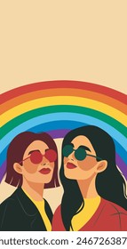 Ilustración vectorial del mes del Orgullo Gay con gente feliz, chicas enamoradas y arcoíris apoyando los derechos y movimientos LGBT. Afiche de Anuncio con espacio para texto para desfiles de festivales, fiestas y eventos sociales