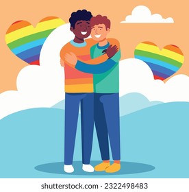 Vector illustration pride month love two men lgbt hug rainbow clouds icon people flat style