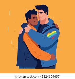 Vector illustration pride month love two men lgbt rainbow icon people flat hug men gay bright flat illustration on yellow background