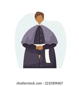 Vector illustration of a priest in a cassock with a rosary in his hands. Profession. Flat style