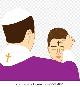 Vector illustration of priest making cross on forehead of girl with ashes on transparent background