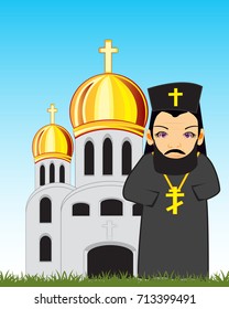Vector illustration of the priest on background snow-white church
