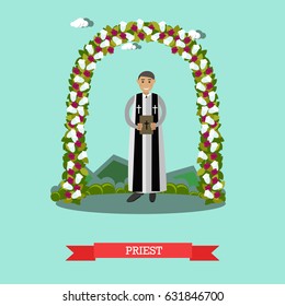 Vector illustration of priest standing under wedding arch. Outdoors wedding ceremony flat style design element.