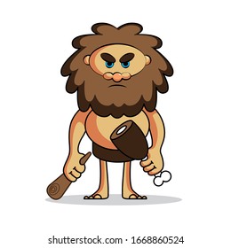 Vector illustration of a primitive man. The bearded evil uncle holds a baton and a chicken leg in his hands.
Angry Neanderthal with meat.