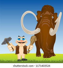 Vector illustration of the primitive person and mammoth on glade