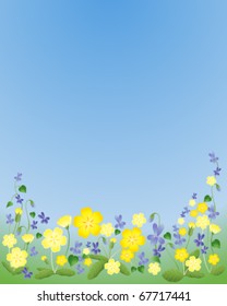 vector illustration of primroses and violets flowering under a clear blue sky in springtime in eps10 format