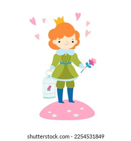 Vector illustration of prince with flower and bird in cell in flat style. Cute fairytale character with gifts for princess.
