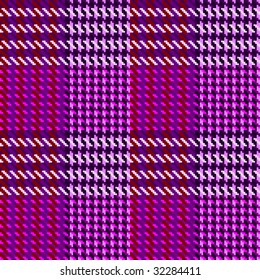 Vector illustration of Prince of Wales weave tweed or tartan shadow check fabric with seamless repeat background pattern in shades of red, purple and pink