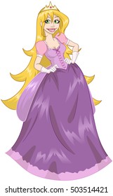 Vector illustration of princess blondie with her long hair in pink dress.