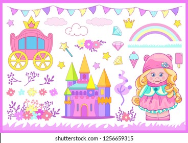Vector illustration with princess, castle, carriage, ice cream, rainbow, flags,  flowers, herbs. Set objects for decors birthday party gir. Isolated cartoon elements for invitation.