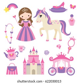 Vector illustration of princess, castle, carriage, pony and girl accessories set.