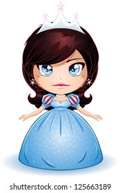 A vector illustration of a princess with crown in blue dress.