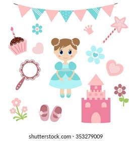 Vector illustration of princess design elements. Princess and Fairy Items. 