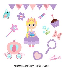 Vector illustration of princess design elements. Princess and Fairy Items. 